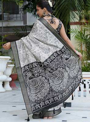 party wear cotton blend peacock print saree with unstiched blouse piece_white 4