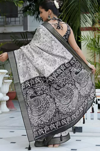party wear cotton blend peacock print saree with unstiched blouse piece_white