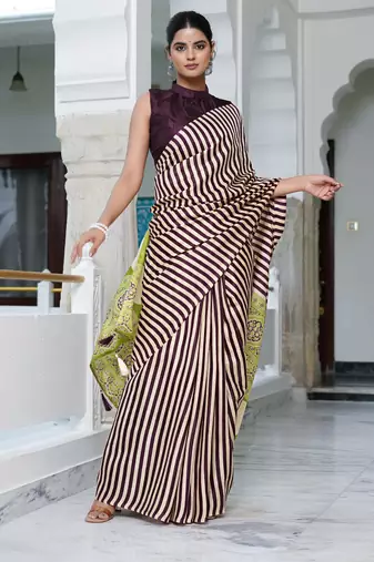 party wear cotton art silk stripes leheriya  saree with unstiched blouse piece_white