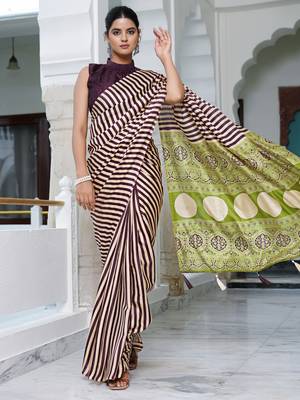 party wear cotton art silk stripes leheriya  saree with unstiched blouse piece_white 2