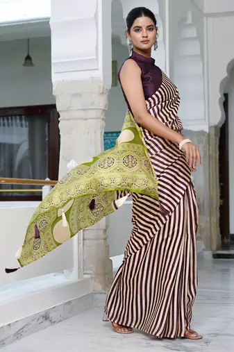 party wear cotton art silk stripes leheriya  saree with unstiched blouse piece_white