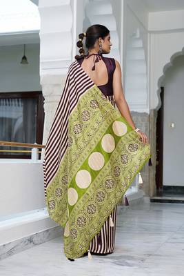 party wear cotton art silk stripes leheriya  saree with unstiched blouse piece_white 4