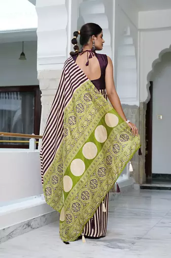 party wear cotton art silk stripes leheriya  saree with unstiched blouse piece_white
