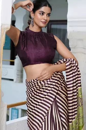 party wear cotton art silk stripes leheriya  saree with unstiched blouse piece_white