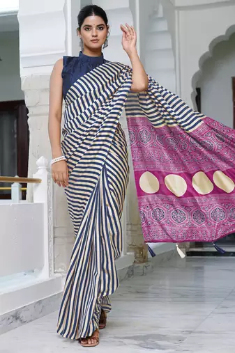 party wear cotton art silk stripes leheriya  saree with unstiched blouse piece_white