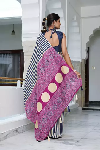 party wear cotton art silk stripes leheriya  saree with unstiched blouse piece_white