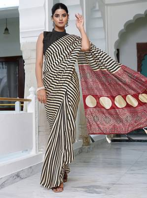 party wear cotton art silk stripes leheriya  saree with unstiched blouse piece 2