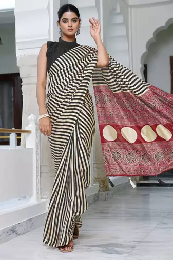 party wear cotton art silk stripes leheriya  saree with unstiched blouse piece