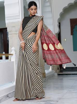 party wear cotton art silk stripes leheriya  saree with unstiched blouse piece 3