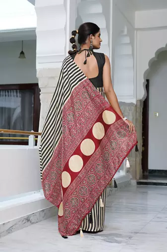 party wear cotton art silk stripes leheriya  saree with unstiched blouse piece