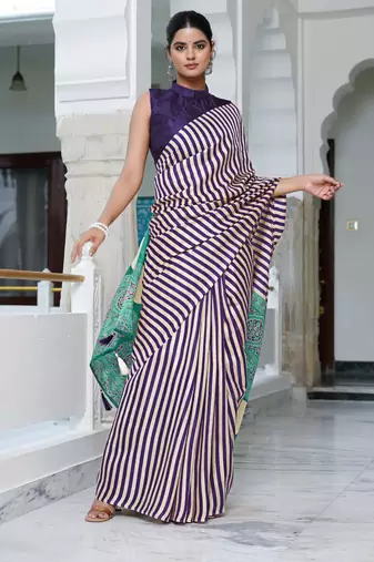 party wear cotton art silk stripes leheriya  saree with unstiched blouse piece_white