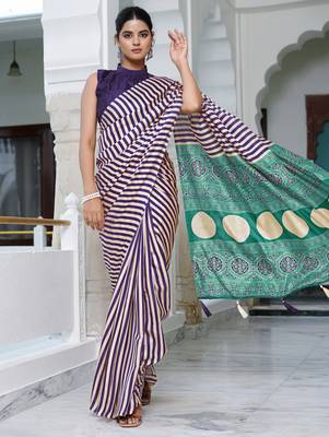 party wear cotton art silk stripes leheriya  saree with unstiched blouse piece_white 2