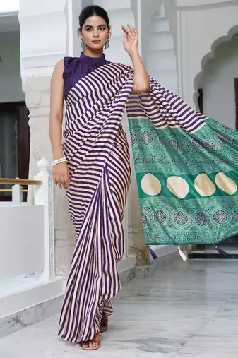 party wear cotton art silk stripes leheriya  saree with unstiched blouse piece_white