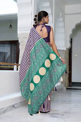 party wear cotton art silk stripes leheriya  saree with unstiched blouse piece_white 4