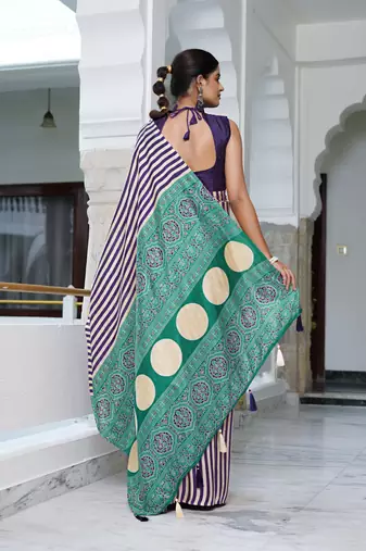 party wear cotton art silk stripes leheriya  saree with unstiched blouse piece_white