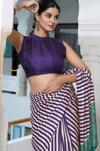 party wear cotton art silk stripes leheriya  saree with unstiched blouse piece_white