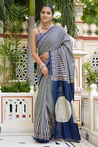 party wear cotton art silk stripes leheriya  saree with unstiched blouse piece_white