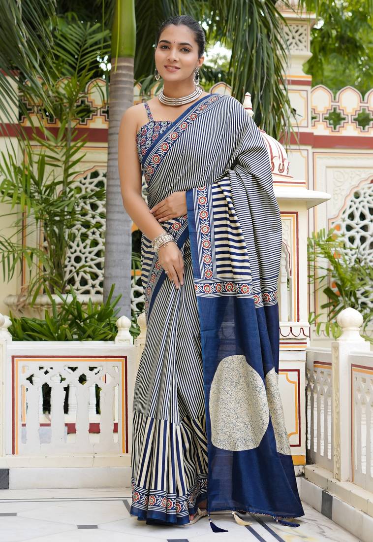 party wear cotton art silk stripes leheriya  saree with unstiched blouse piece_white