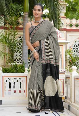 party wear cotton art silk stripes leheriya  saree with unstiched blouse piece_white 1
