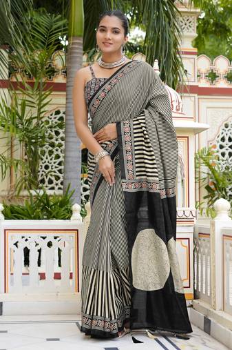party wear cotton art silk stripes leheriya  saree with unstiched blouse piece_white
