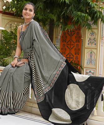 party wear cotton art silk stripes leheriya  saree with unstiched blouse piece_white 2