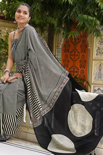party wear cotton art silk stripes leheriya  saree with unstiched blouse piece_white