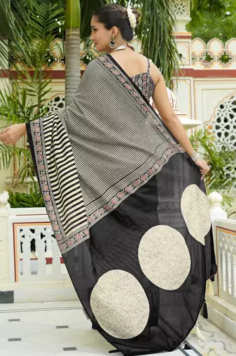 party wear cotton art silk stripes leheriya  saree with unstiched blouse piece_white
