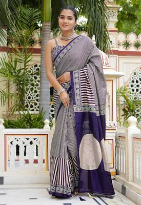 party wear cotton art silk stripes leheriya  saree with unstiched blouse piece_white 1