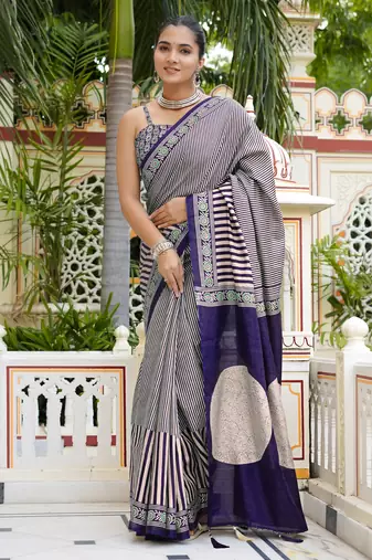 party wear cotton art silk stripes leheriya  saree with unstiched blouse piece_white