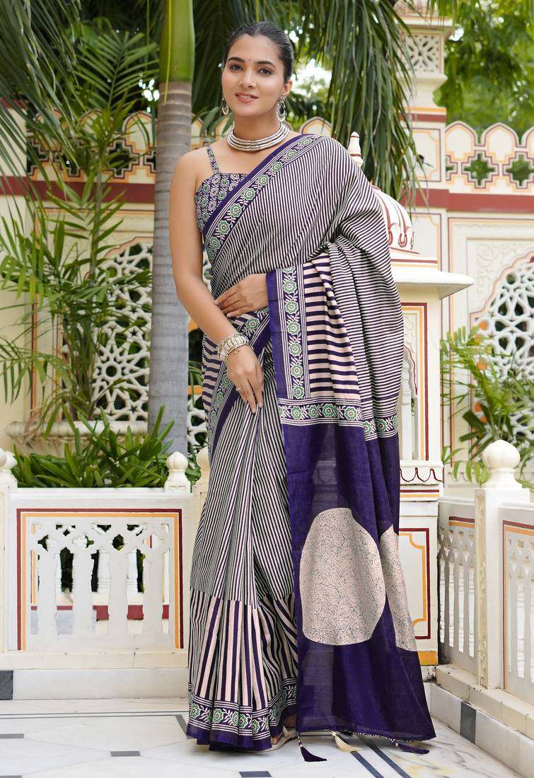 party wear cotton art silk stripes leheriya  saree with unstiched blouse piece_white
