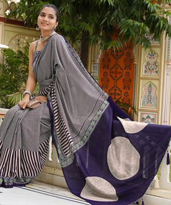 party wear cotton art silk stripes leheriya  saree with unstiched blouse piece_white 2