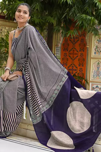 party wear cotton art silk stripes leheriya  saree with unstiched blouse piece_white