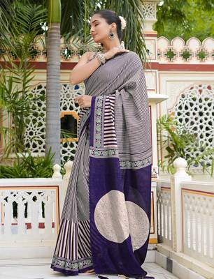 party wear cotton art silk stripes leheriya  saree with unstiched blouse piece_white 3