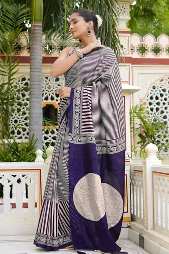 party wear cotton art silk stripes leheriya  saree with unstiched blouse piece_white