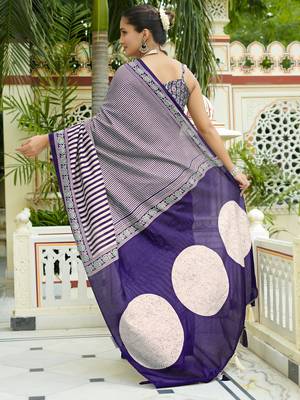party wear cotton art silk stripes leheriya  saree with unstiched blouse piece_white 4