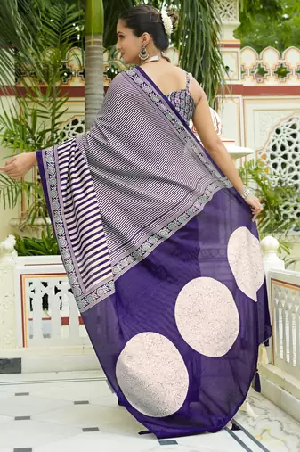 party wear cotton art silk stripes leheriya  saree with unstiched blouse piece_white