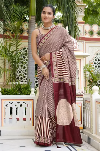 party wear cotton art silk stripes leheriya  saree with unstiched blouse piece_white