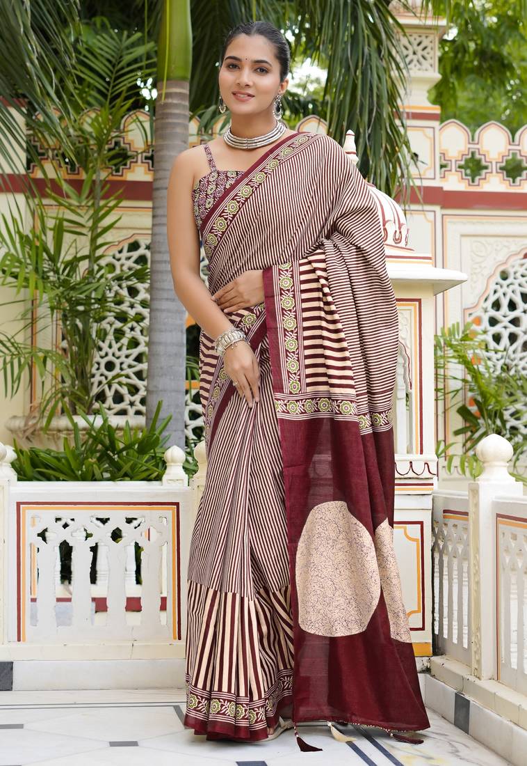 party wear cotton art silk stripes leheriya  saree with unstiched blouse piece_white