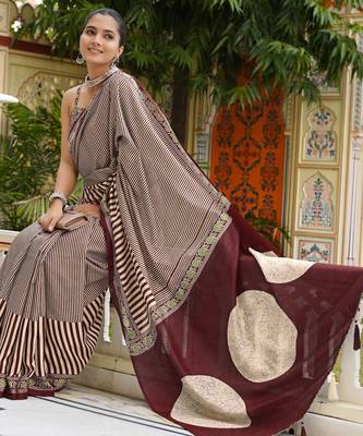 party wear cotton art silk stripes leheriya  saree with unstiched blouse piece_white 2