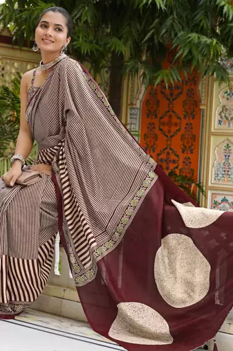 party wear cotton art silk stripes leheriya  saree with unstiched blouse piece_white