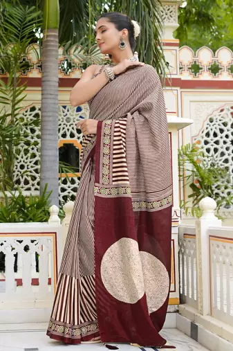 party wear cotton art silk stripes leheriya  saree with unstiched blouse piece_white