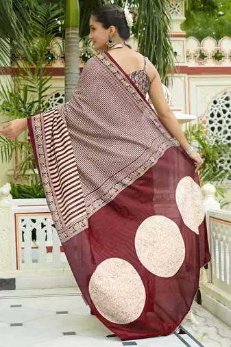 party wear cotton art silk stripes leheriya  saree with unstiched blouse piece_white