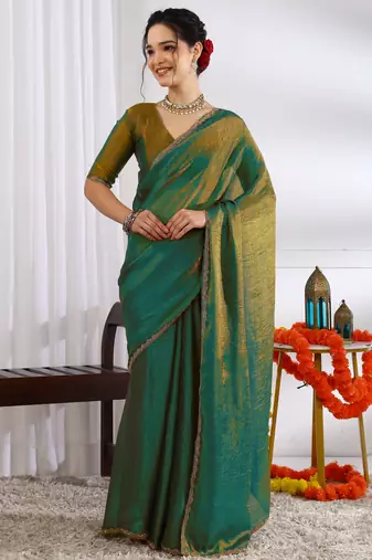 party wear silk blend zari woven saree with unstiched blouse piece_mehandi green