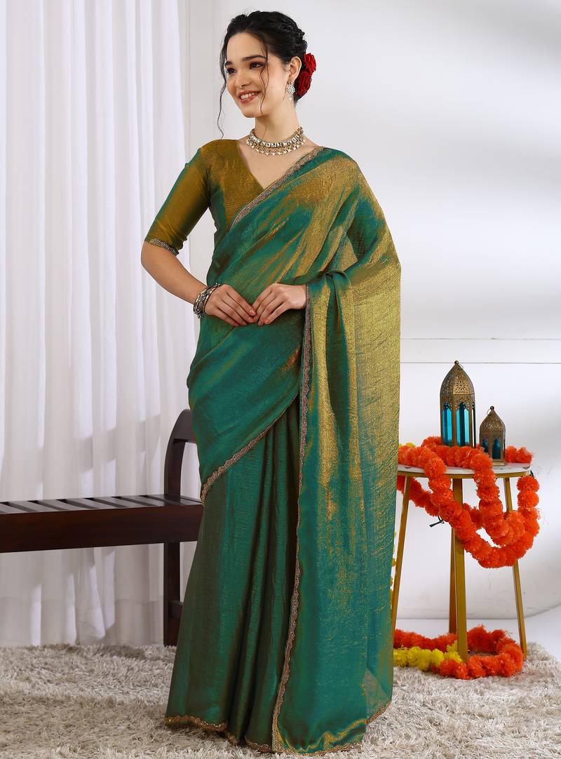 party wear silk blend zari woven saree with unstiched blouse piece_mehandi green