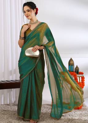party wear silk blend zari woven saree with unstiched blouse piece_mehandi green 2