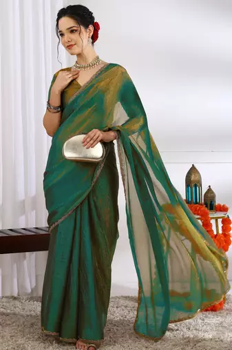 party wear silk blend zari woven saree with unstiched blouse piece_mehandi green