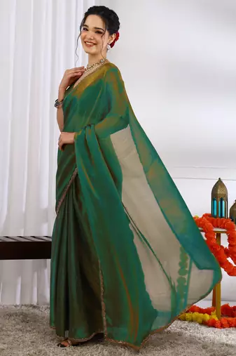 party wear silk blend zari woven saree with unstiched blouse piece_mehandi green