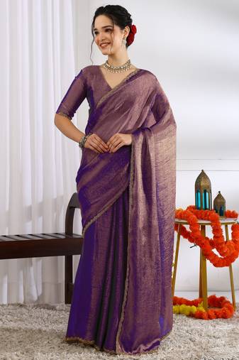 party wear silk blend zari woven saree with unstiched blouse piece_dark purple