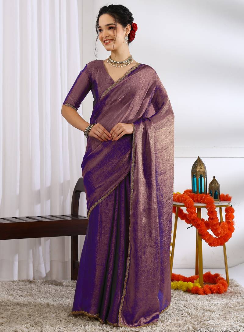 party wear silk blend zari woven saree with unstiched blouse piece_dark purple