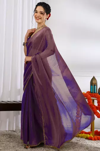 party wear silk blend zari woven saree with unstiched blouse piece_dark purple